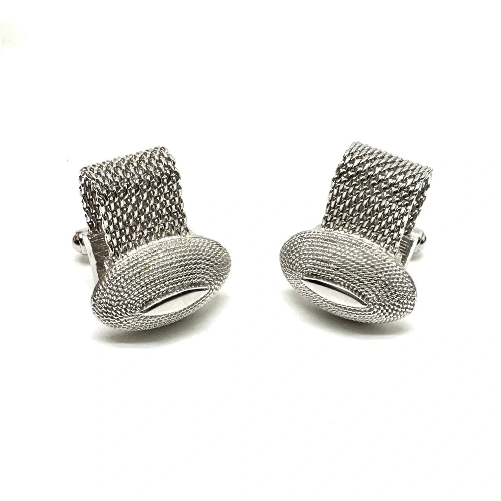 Vintage SWANK Silver Mesh Oval Foldover Cufflinks